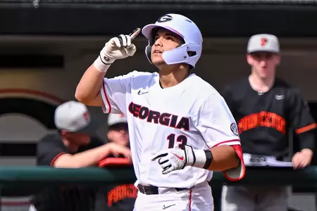 Georgia catcher Fernando Gonzalez (13) during a game against Princeton at Foley Field in Athens, Ga., on Sunday, Feb. 26, 2023. (photo by Rob Davis)