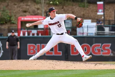 Georgia pitcher Leighton Finley (12)during Georgia’s game against Princeton at Foley Field in Athens, Ga., on Sunday, Feb. 26, 2023. (Kari Hodges/UGAAA)