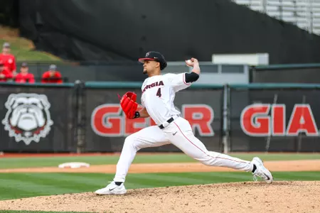 Georgia pitcher Jarvis Evans (4)during Georgia’s game against Princeton at Foley Field in Athens, Ga., on Sunday, Feb. 26, 2023. (Kari Hodges/UGAAA)