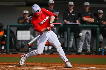 Georgia infielder Parks Harber (8) during a game against Princeton at Foley Field in Athens, Ga., on Sunday, Feb. 26, 2023. (photo by Rob Davis)
