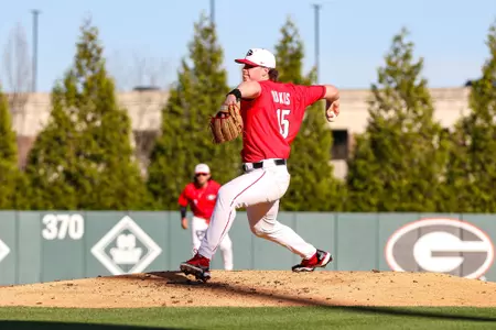 Georgia pitcher Matthew Hoskins (15) during Georgia’s game against Presbyterian College at Foley Field in Athens, Ga., on Tuesday, Feb. 28, 2023. (Kari Hodges/UGAAA)