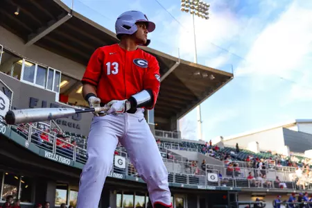 Georgia catcher Fernando Gonzalez (13) during Georgia’s game against Presbyterian College at Foley Field in Athens, Ga., on Tuesday, Feb. 28, 2023. (Kari Hodges/UGAAA)