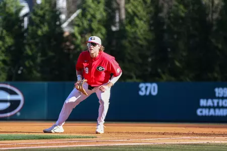 Georgia first baseman Cole Wagner (19) during Georgia’s game against Presbyterian College at Foley Field in Athens, Ga., on Tuesday, Feb. 28, 2023. (Kari Hodges/UGAAA)