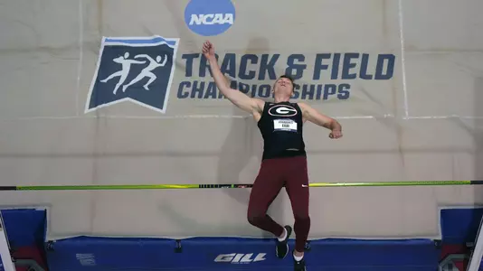 Mar 10, 2023; Albuquerque, New Mexico, USA; Johannes Erms of Georgia clears the crossbar in the heptathlon high jump during the NCAA Indoor Championships at Albuquerque Convention Center. Mandatory Credit: Kirby Lee-USA TODAY Sports