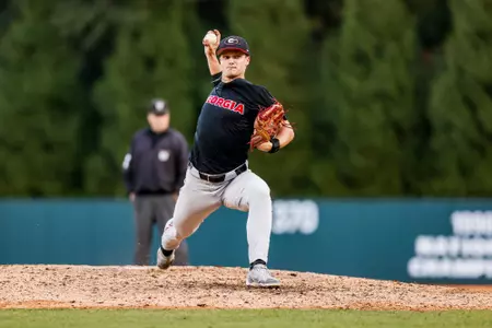Georgia pitcher Michael Polk (32) during Georgia’s first game of the Bulldog Fall World Series at Foley Field in Athens, Ga., on Friday, Oct. 21, 2022. (Photo by Tony Walsh)