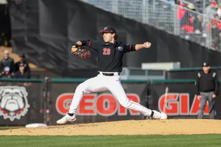Georgia pitcher Charlie Goldstein (29) during Georgia’s game against Jacksonville State at Foley Field in Athens, Ga., on Friday, Feb. 17, 2023. (Photo by Kari Hodges/UGAAA)