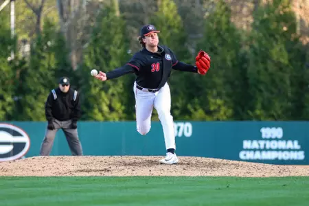 Georgia pitcher Dalton Rhadans (30) during Georgia’s game against Jacksonville State at Foley Field in Athens, Ga., on Friday, Feb. 17, 2023. (Photo by Kari Hodges/UGAAA)