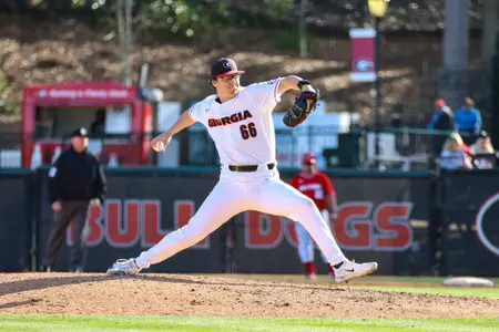Georgia pitcher Kyle Greenler (66) during Georgia’s game against Jacksonville State at Foley Field in Athens, Ga., on Sunday, Feb. 19, 2023. (Kari Hodges/UGAAA)