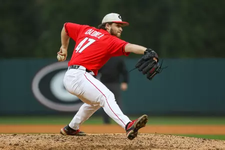 Georgia pitcher Collin Caldwell (47) during Georgia’s game against Princeton at Foley Field in Athens, Ga., on Saturday, Feb. 25, 2023. (Kari Hodges/UGAAA)