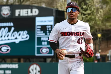 Georgia outfielder Justin Thomas (42) during Georgia’s game against Princeton at Foley Field in Athens, Ga., on Sunday, Feb. 26, 2023. (Kari Hodges/UGAAA)