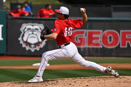 Georgia pitcher Kyle Greenler (66) during a game against Princeton at Foley Field in Athens, Ga., on Sunday, Feb. 26, 2023. (photo by Rob Davis)
