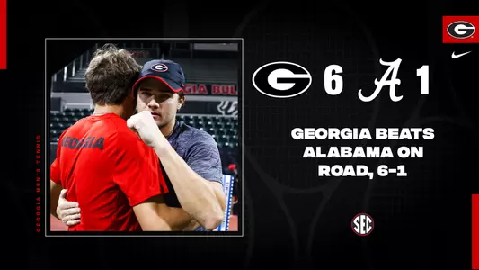 Trent Bryde celebrates with teammate Britton Johnston in a photo for a graphic attached to the recap for Georgia's 6-1 win over Alabam