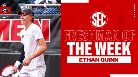 Graphic for story of Ethan Quinn winning his second SEC Freshman of the Week award on March 8, 2023.