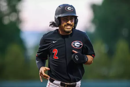 during Georgia’s game against Arkansas at Foley Field in Athens, Ga., on Thursday, April 20, 2023. (Kari Hodges/UGAAA)