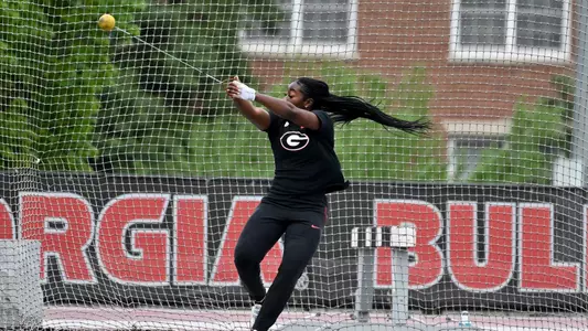 Georgia thrower Elsie Igberaese during the Spec Towns + Torrin Lawrence Invitational at the Spec Towns Track in Athens, Ga., on Thursday, April 6, 2023. (Rob Davis)