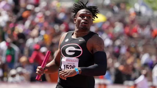 Apr 1, 2023; Austin, TX, USA; Elija Godwin runs the anchor leg on the Georgia Bulldogs 4 x 200m relay that won in a meet record 1:20.22 during the 95th Clyde Littlefield Texas Relays at Mike A. Myers Stadium. Mandatory Credit: Kirby Lee-USA TODAY Sports
