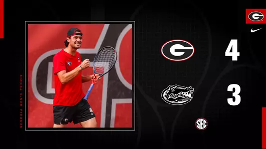 Headline graphic for Georgia's 4-3 win over Florida, where Blake Croyder earned the match-clinching win.