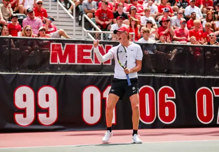 Georgia tennis player Ethan Quinn during Georgia’s third round match of the 2023 NCAA Division I men’s tennis championships at Henry Feild Stadium inside the Dan Magill Tennis Complex in Athens, Ga., on Saturday, May 13, 2023. (Tony Walsh/UGAAA)