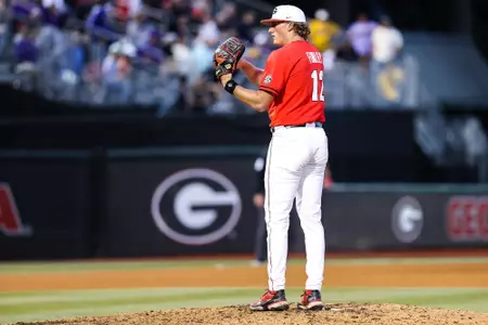 Georgia pitcher and shortstop Leighton Finley (12) during Georgia’s game against Louisiana State University at Foley Field in Athens, Ga., on Thursday, May 18th, 2023. (Kari Hodges/UGAAA)
