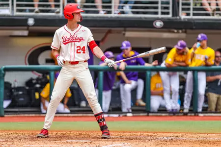 Georgia first baseman and outfielder Charlie Condon (24) during Georgia’s game against Louisiana State University at Foley Field in Athens, Ga., on Saturday, May 20th, 2023. (Kari Hodges/UGAAA)