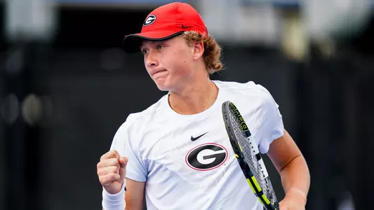 Ethan Quinn celebrating after a point in his match against Andrew Fenty of Michigan during the quarterfinal round at the NCAA Singles Championships on 05/25/23.