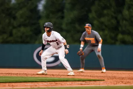 Georgia infielder Mason LaPlante (3) during Georgia’s game against Tennessee at Foley Field in Athens, Ga., on Friday, May 5, 2023. (Tony Walsh/UGAAA)