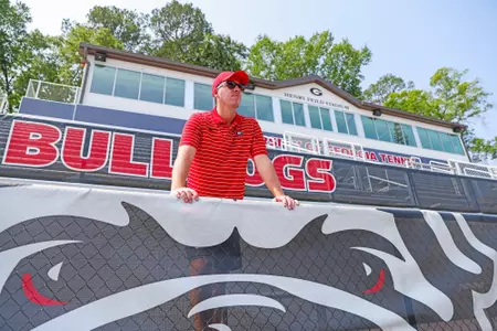 Georgia associate head coach Jarryd Chaplin poses for a portrait at Henry Feild Stadium inside the Dan Magill Tennis Complex in Athens, Ga., on Tuesday, June 6, 2023. (Tony Walsh/UGAAA)