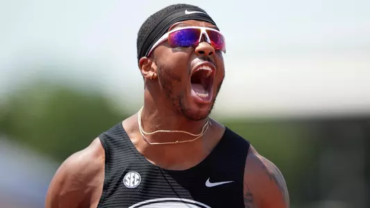 Jun 8, 2023; Austin, TX, USA; Kyle Garland of Georgia celebrates after running a collegiate and meet record 13.54 in the decathlon 110m hurdles during the NCAA Track & Field Championships at Mike A. Myers Stadium. Mandatory Credit: Kirby Lee-USA TODAY Sports