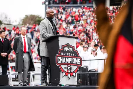 DJ Shockley speaks during the Georgia Bulldogs’ National Championship celebration in Athens, Ga., on Saturday, Jan. 15, 2022. (Photo by Tony Walsh)