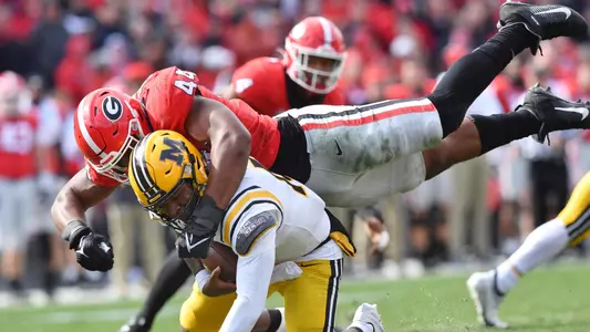 Missouri quarterback Tyler Macon (10) is sacked by Georgia's defensive lineman Travon Walker (44) in the second half of an NCAA college football game against Missouri in Athens, Ga., Saturday, Nov. 6, 2021. Georgia beat Missouri 43-6. (Hyosub Shin/Atlanta Journal-Constitution via AP)
