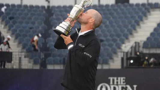 Jul 23, 2023; Hoylake, England, GBR; Brian Harman kisses the Claret Jug after winning The Open Championship golf tournament. Mandatory Credit: Kyle Terada-USA TODAY Sports
