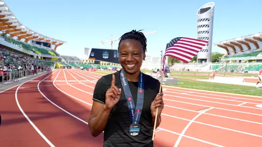 Jun 25, 2022; Eugene, OR, USA; Keturah Orji poses with United States flag after winning the women's triple jump at 48-6 1/4 (14.79m) during the USA Championships at Hayward Field. Mandatory Credit: Kirby Lee-USA TODAY Sports