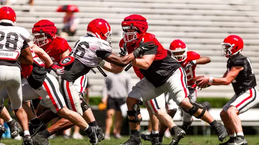 Georgia offensive lineman Monroe Freeling (57) during Georgia’s spring practice on Dooley Field at Sanford Stadium in Athens, Ga., on Saturday, April 1, 2023. (Tony Walsh/UGAAA)