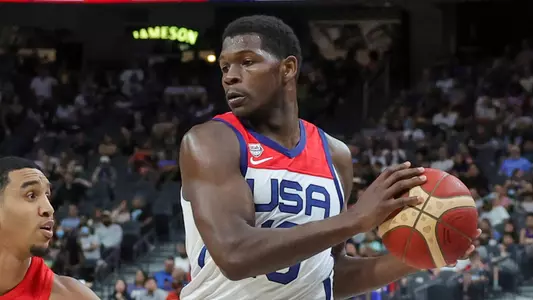 LAS VEGAS, NEVADA - AUGUST 07: Anthony Edwards #10 of the United States is guarded by Tremont Waters #51 of Puerto Rico in the second half of a 2023 FIBA World Cup exhibition game at T-Mobile Arena on August 07, 2023 in Las Vegas, Nevada. The United States defeated Puerto Rico 117-74. (Photo by Ethan Miller/Getty Images)
