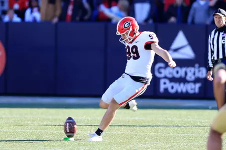 ATLANTA, GA - NOVEMBER 27: Place kicker Jared Zirkel #99 of the Georgia Bulldogs kicks off during the college football game between the Georgia Tech Yellow Jackets and the University of Georgia Bulldogs on November 27, 2021 at Bobby Dodd Stadium at historic Grant Field in Atlanta, GA.  (Photo by David J. Griffin/Icon Sportswire via Getty Images)