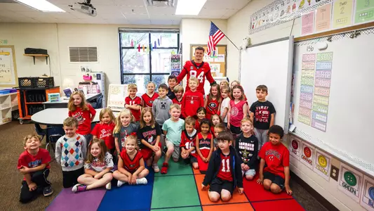 Student-athletes from the University of Georgia football team visited High Shoals Elementary School to read to students in Bishop, Ga., on Wednesday, April 19, 2023. (Tony Walsh/UGAAA)