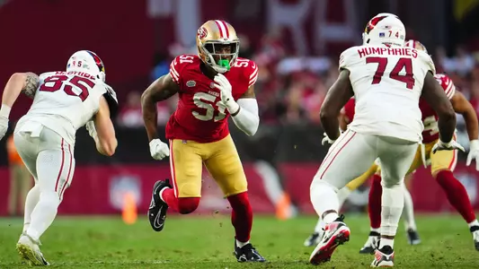 GLENDALE, AZ - DECEMBER 17: Robert Beal Jr. #51 of the San Francisco 49ers rushes the passer during an NFL football game against the Arizona Cardinals at State Farm Stadium on December 17, 2023 in Glendale, Arizona. (Photo by Cooper Neill/Getty Images)
