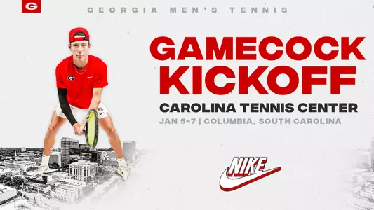 Graphic featuring freshman Parker Mariencheck for the Georgia men's tennis team's tournament at the Gamecock Kickoff, set to begin on Jan. 5, 2024.
