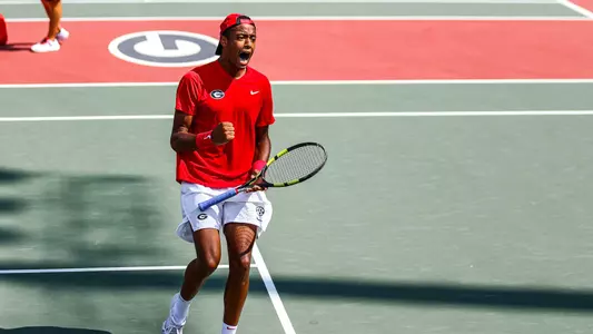 Georgia tennis player Niels Ratiu during Georgia’s first round match of the 2023 Southern Intercollegiate Championships at Henry Feild Stadium inside the Dan Magill Tennis Complex in Athens, Ga., on Friday, September 29, 2023. (Kari Hodges/UGAAA)