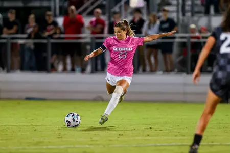Georgia midfielder Nicole Vernis (23) during Georgia’s game against Mississippi State at Turner Soccer Complex in Athens, Ga., on Thursday, Oct. 10, 2024. (Conor Dillon/UGAAA)