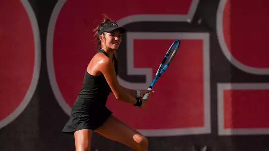 Georgia tennis player Mai Nirundorn during Georgia’s match against California in the super regional round of the 2024 DI Women's Tennis Championship at Henry Feild Stadium in the Dan Magill Tennis Complex in Athens, Ga., on Friday, May 10, 2024. (Tony Walsh/UGAAA)