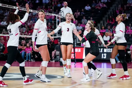 Georgia middle blocker and opposite hitter MK Patten (3) during Georgia’s match against Ole Miss at Stegeman Coliseum in Athens, Ga., on Sunday, Oct. 13, 2024. (Tony Walsh/UGAAA)