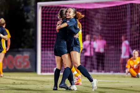 Georgia midfielder Dasia Torbert (18) and Georgia forward Tori Penn (31) during Georgia’s game against Tennessee at Turner Soccer Complex in Athens, Ga., on Friday, Oct. 18, 2024. (Conor Dillon/UGAAA)