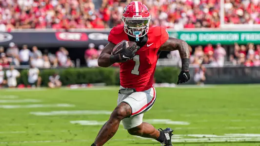 Oct 5, 2024; Athens, Georgia, USA; Georgia Bulldogs running back Trevor Etienne (1) runs against the Auburn Tigers during the first quarter at Sanford Stadium. Mandatory Credit: Dale Zanine-Imagn Images
