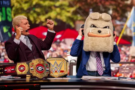 WWE Wrestler and College Gameday guest picker Cody Rhodes and Lee Corso on College Gameday in Athens, Ga., on Saturday, Nov. 16, 2024. (Conor Dillon/UGAAA)