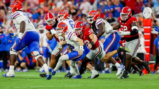 Georgia outside linebacker Chaz Chambliss (32) during Georgia’s game against Florida at Everbank Stadium in Jacksonville, Fl., on Saturday, Nov. 2, 2024. (Conor Dillon/UGAAA)