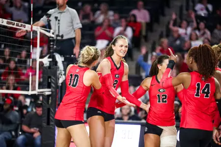 Georgia middle blocker Sophie Fischer (2) during Georgia’s match against Oklahoma in Stegeman Coliseum in Athens, Ga., on Friday, Oct. 18, 2024. (Olivia Wilson/UGAAA)