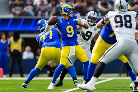 INGLEWOOD, CALIFORNIA - OCTOBER 20: Quarterback Matthew Stafford #9 of the Los Angeles Rams throws a pass during the first quarter of an NFL football game against the Las Vegas Raiders, at SoFi Stadium on October 20, 2024 in Inglewood, California. (Photo by Brooke Sutton/Getty Images)