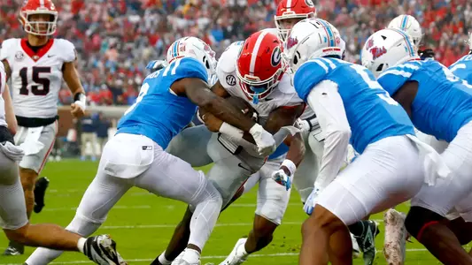 Nov 9, 2024; Oxford, Mississippi, USA; Georgia Bulldogs running back Nate Frazier (3) runs the ball for a touchdown during the first half against the Mississippi Rebels at Vaught-Hemingway Stadium. Mandatory Credit: Petre Thomas-Imagn Images