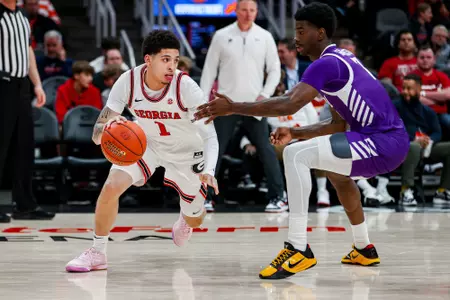 Georgia guard Dakota Leffew (1) during Georgia’s game against Grand Canyon at State Farm Arena in Atlanta, Ga., on Saturday, Dec. 14, 2024. (Conor Dillon/UGAAA)
